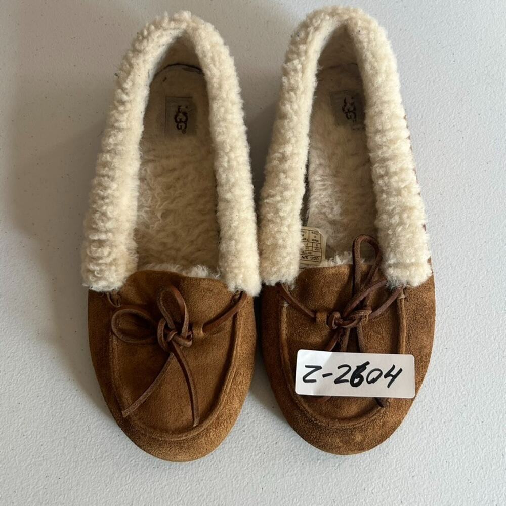UGG Chestnut Suede Moccasin Slippers with Cream Shearling Lining - Picture 11 of 11